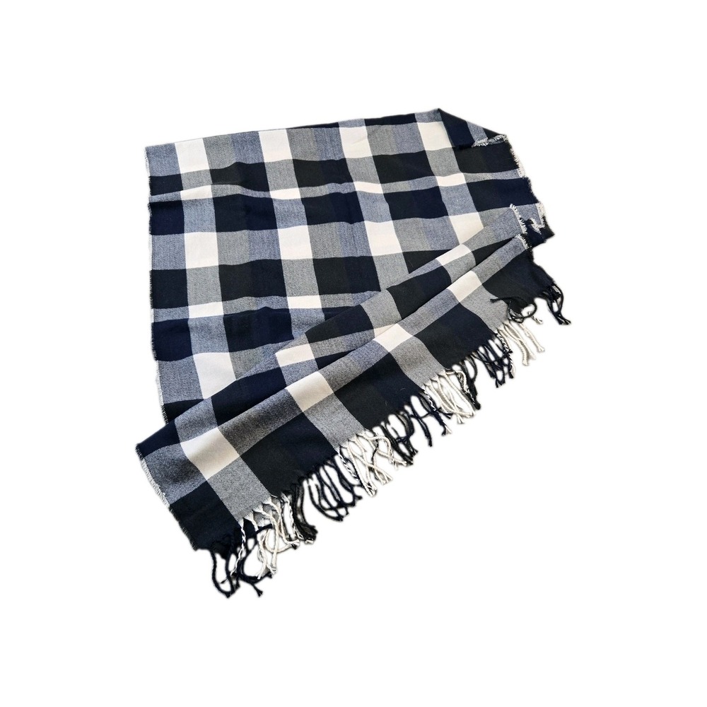 Plush Apparel Check Plaid Scarf Unisex Fringe Black Blue White 27" X 76"